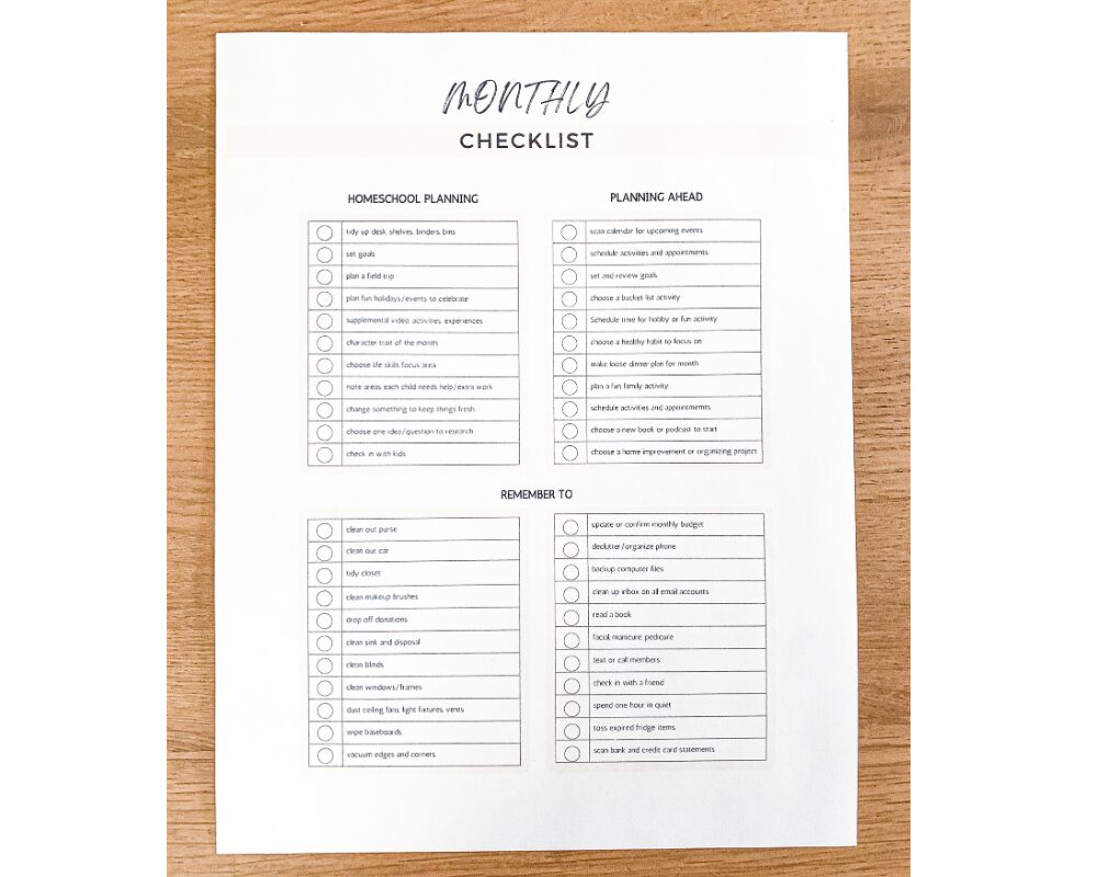 monthly checklist printable for home and homeschool